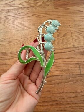 Silver Lily of the Valley Floral Hair Clip with Green Enamel